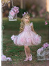 Pink Embroidered Lace Ombre Tulle Pompoms Flower Girl Dress